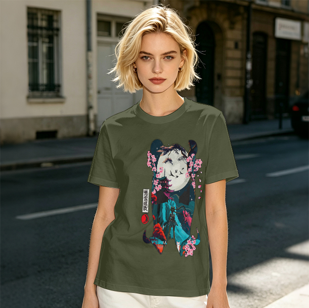 Olive T-shirt with Japanese-inspired moon and cherry blossom graphic