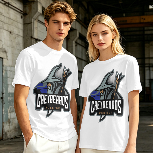 Olive t-shirt with Greybeards Hobbiton wizard graphic