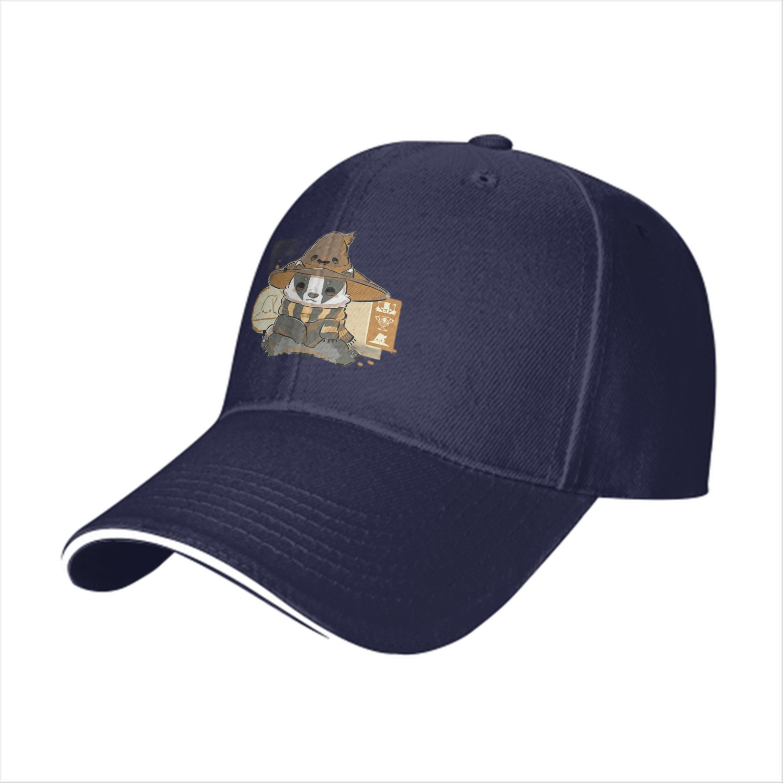 Black baseball cap with Hufflepuff badger wizard design
