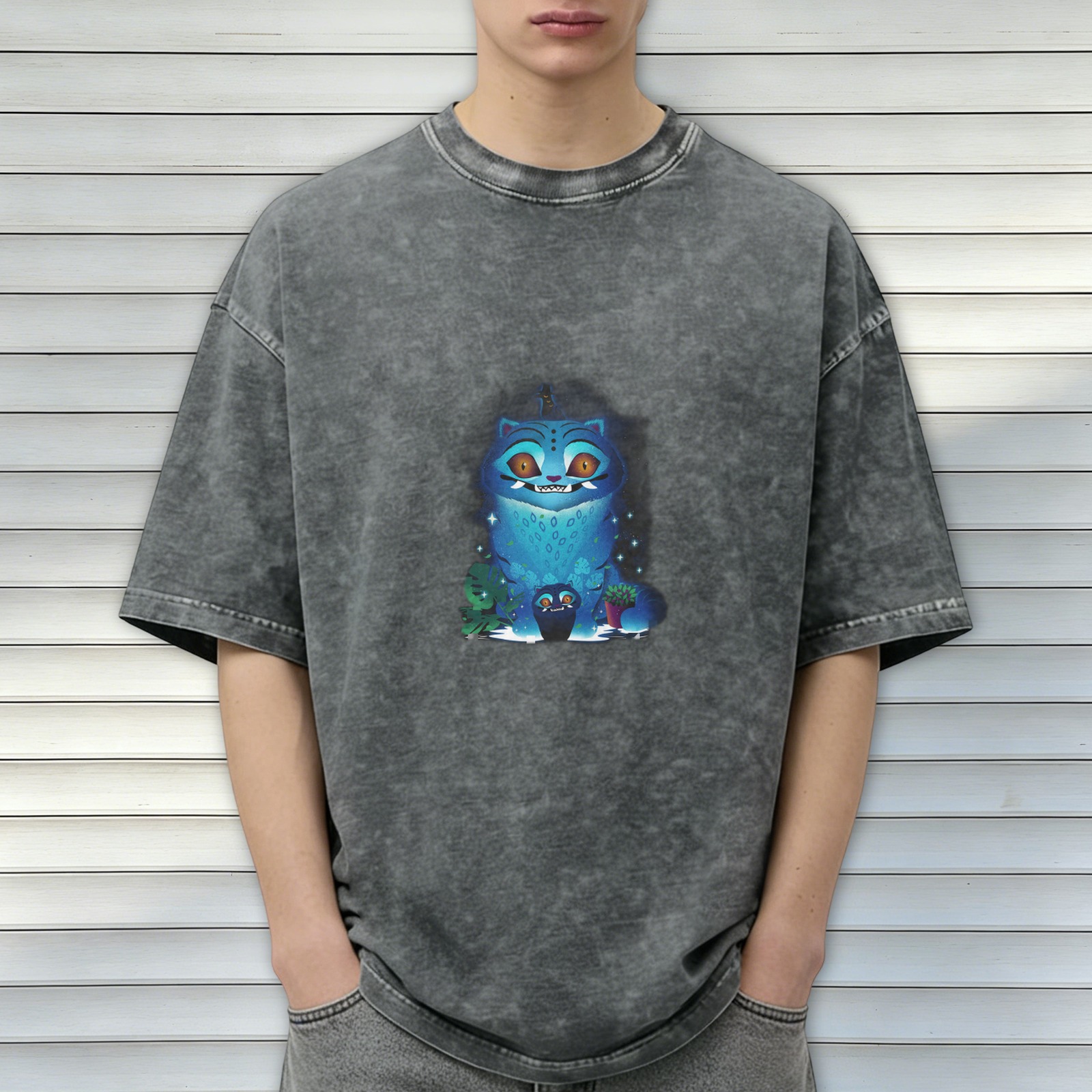 Distressed washed black loose short-sleeved T-shirt blue cat cartoon print trendy top