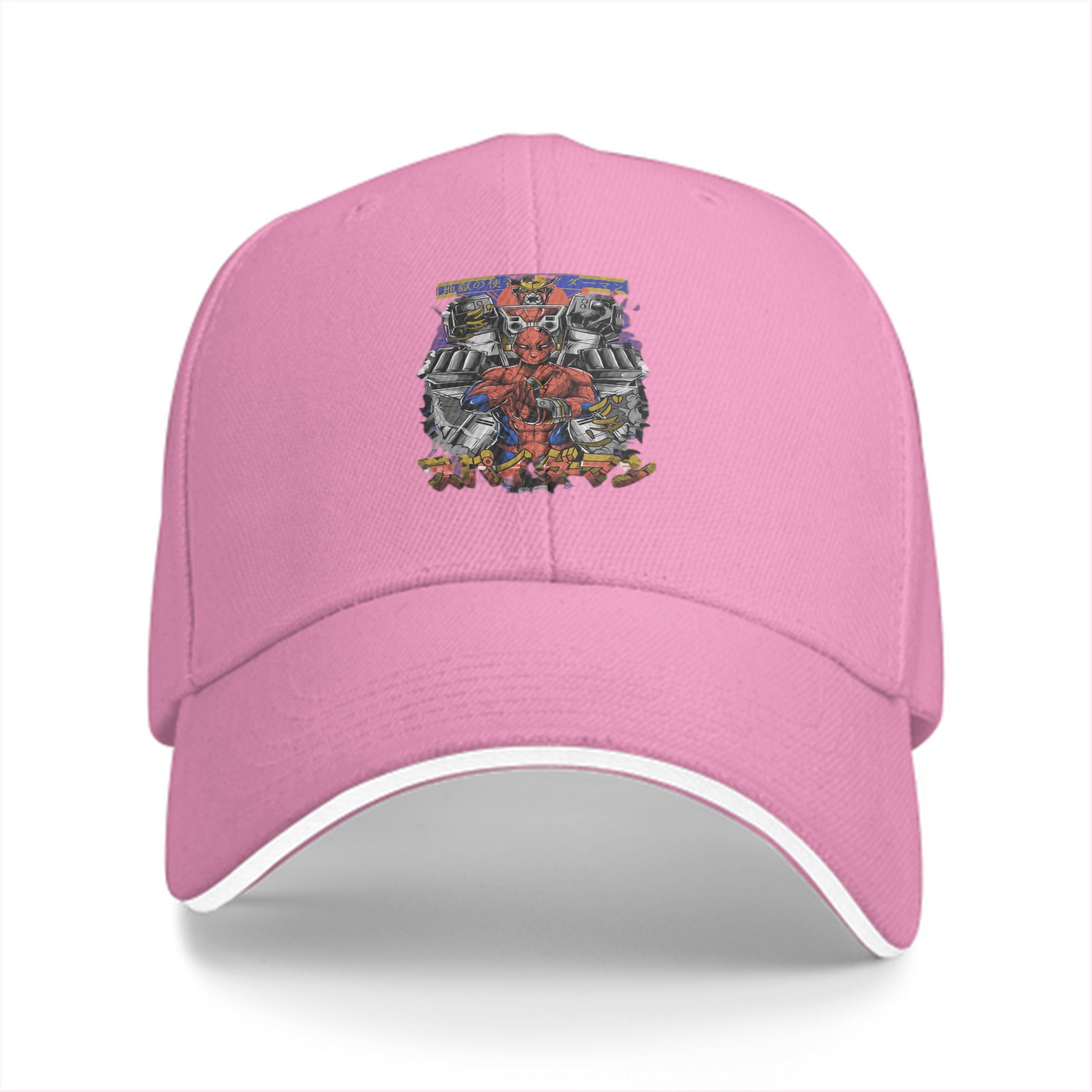 Black Baseball Cap with Anime Robot Character Graphic Print