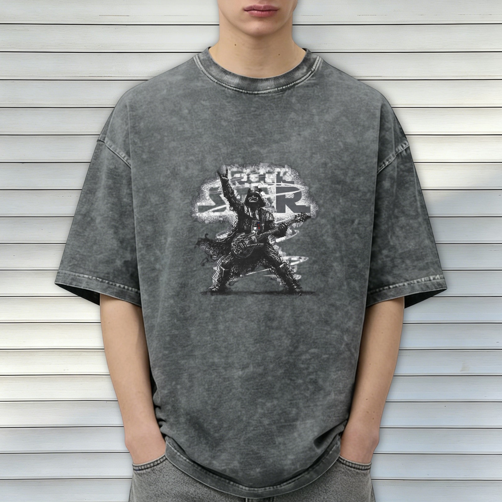 Distressed black rock and roll themed printed short-sleeved T-shirt