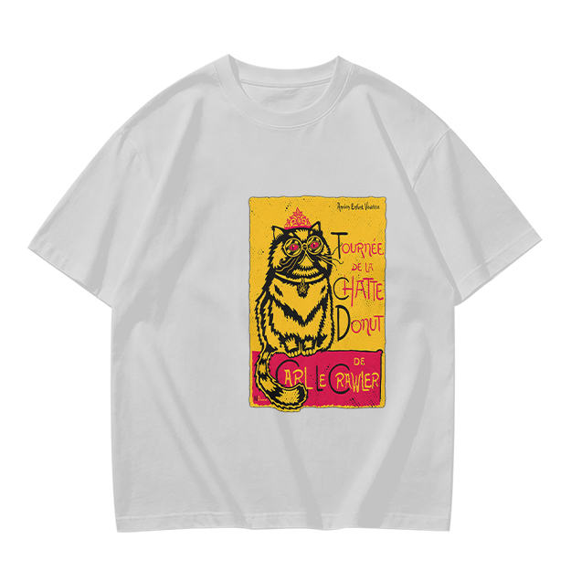 Olive T-shirt with a whimsical cat graphic print