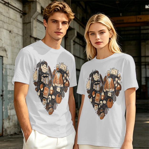 Olive Green T-Shirt With Fall Themed Heart Shaped Graphic