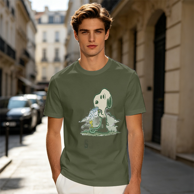 Olive T-shirt with Snoopy and Woodstock Watering Print
