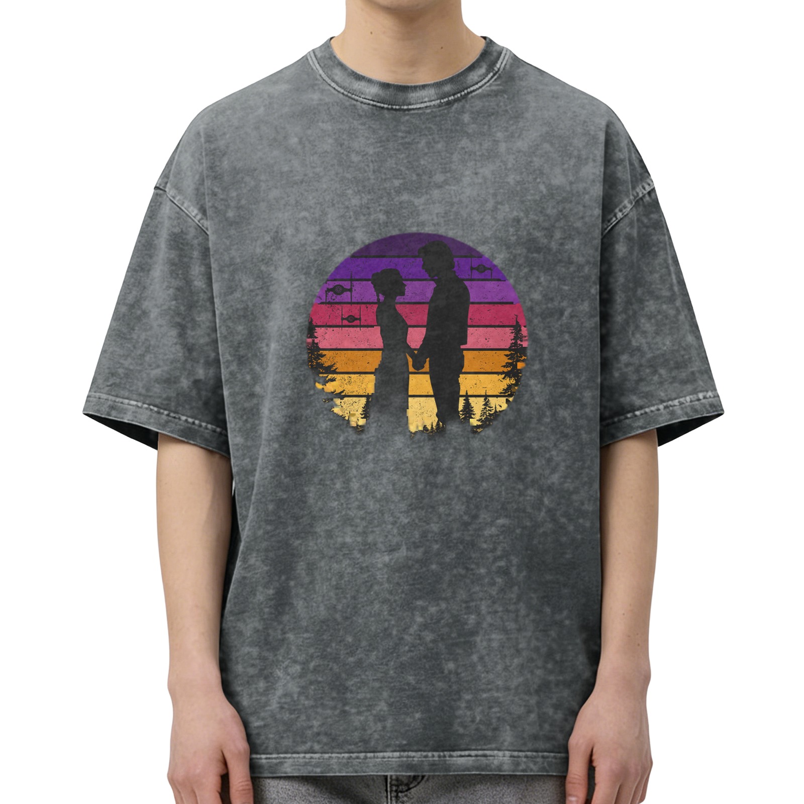 Washed Black T-Shirt with Retro Sunset Couple Silhouette Graphic
