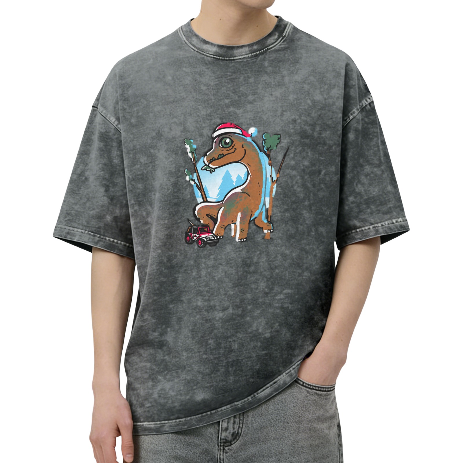 Oversized Dark Wash T-Shirt With Christmas Dinosaur Graphic