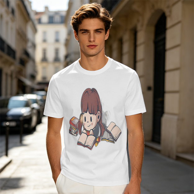 Olive T-shirt with Charming Girl Reading Books Graphic