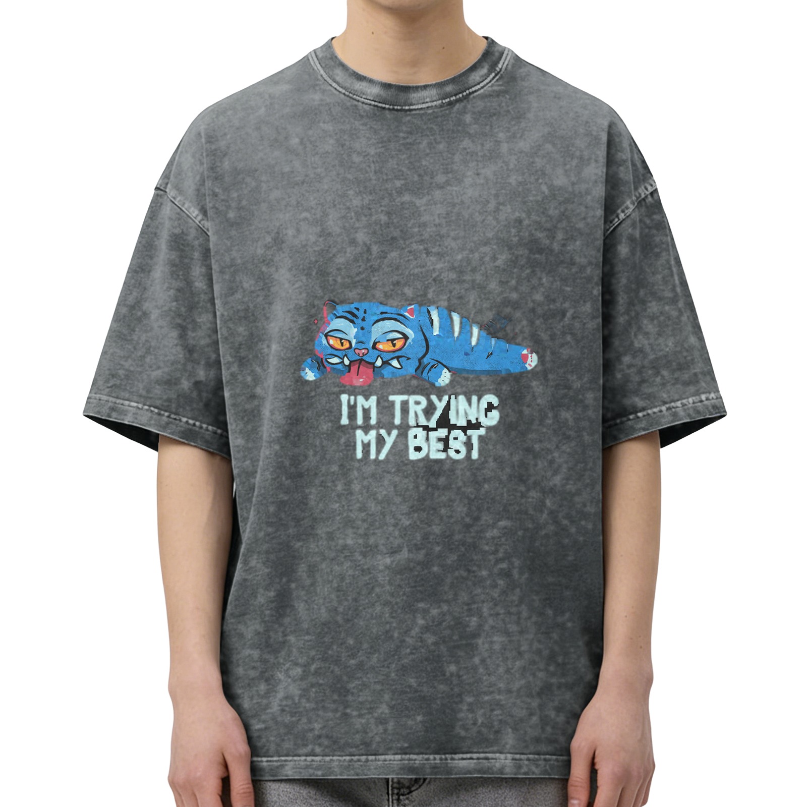 Oversized Acid Wash T-Shirt With Lazy Blue Cat 'I'm Trying My Best' Print