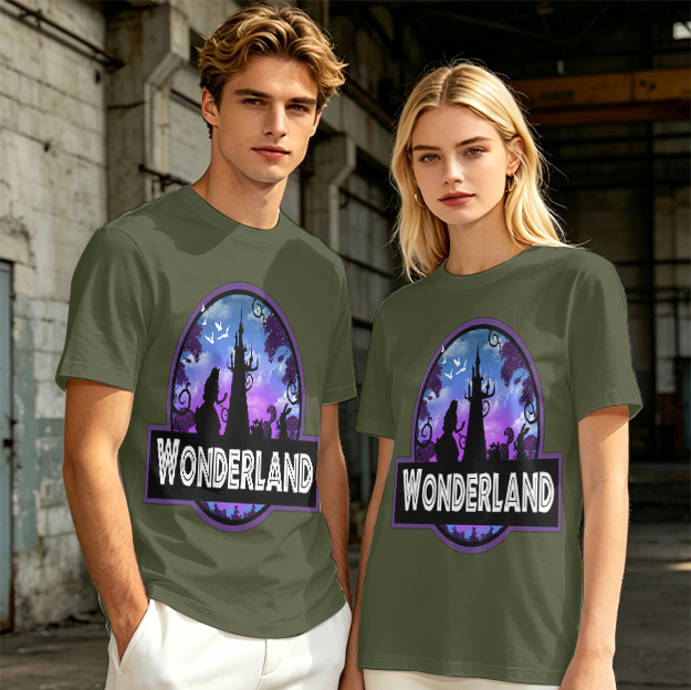 Olive green t-shirt with Wonderland fantasy castle graphic print
