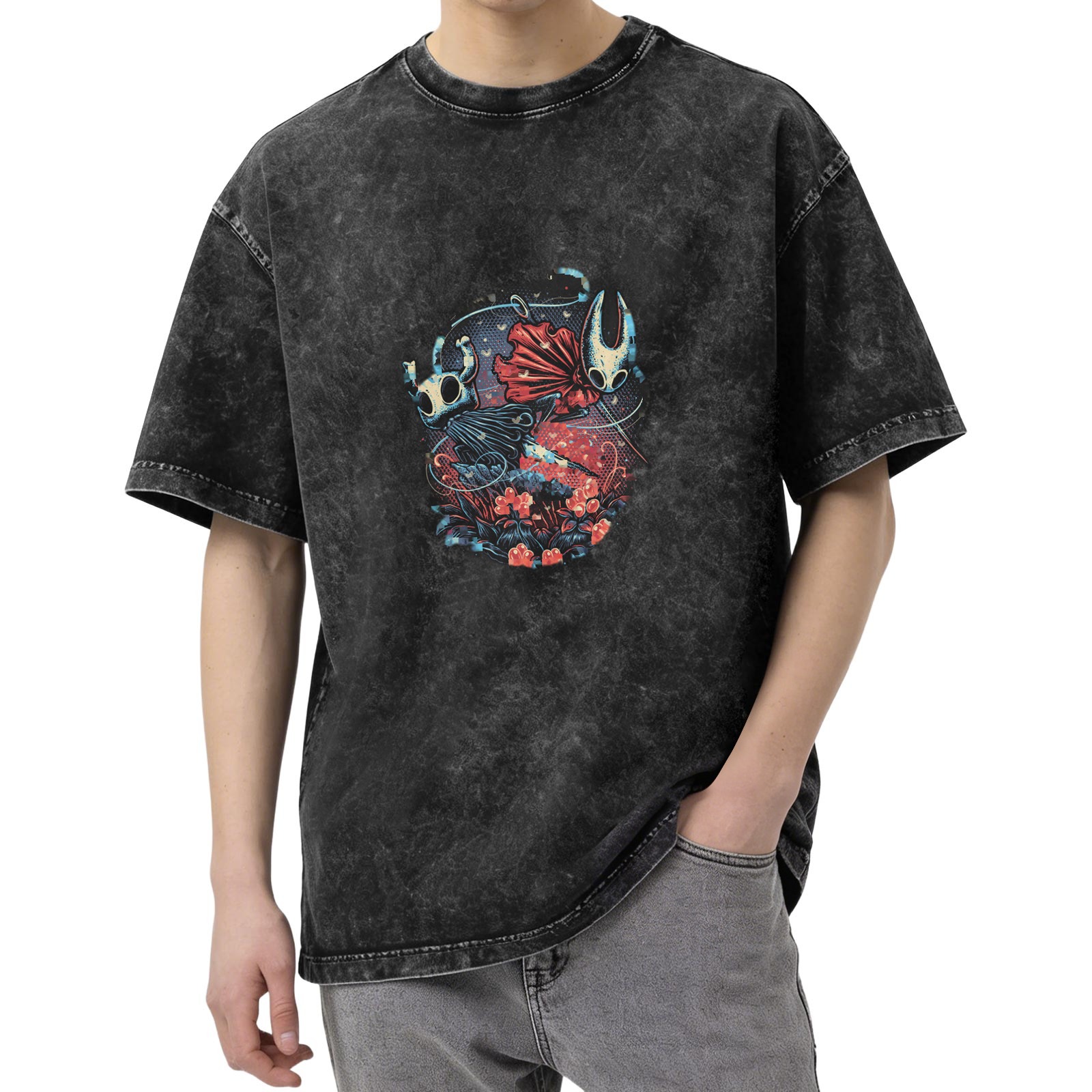 Hollow Knight Themed Dark Wash Graphic T-Shirt