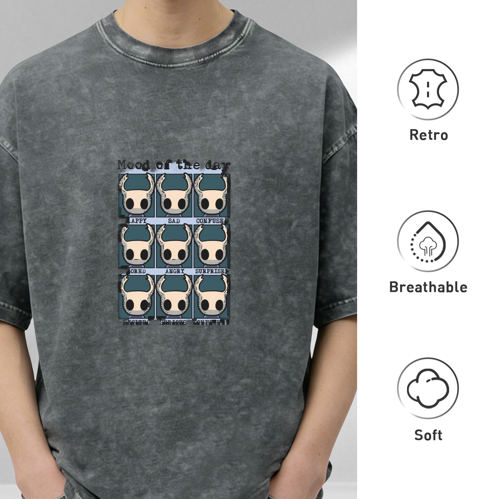 Hollow Knight Emotions Grid Stonewashed Black T-Shirt