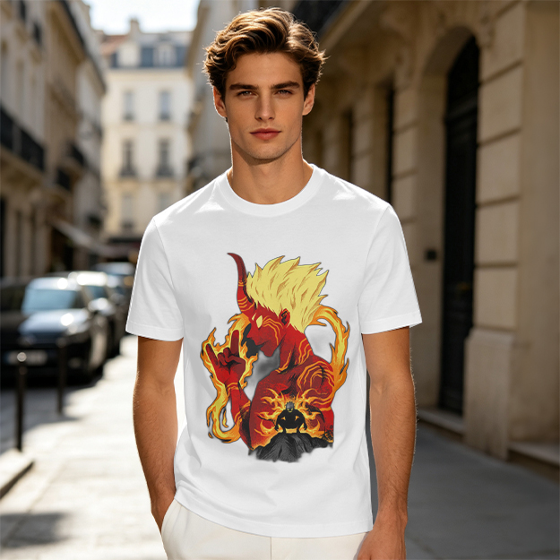 Oni Demon Flame Graphic Olive Green Casual T-Shirt