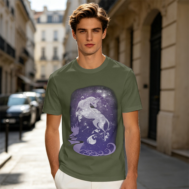 Olive T-Shirt With Celestial Unicorn Galaxy Graphic Print