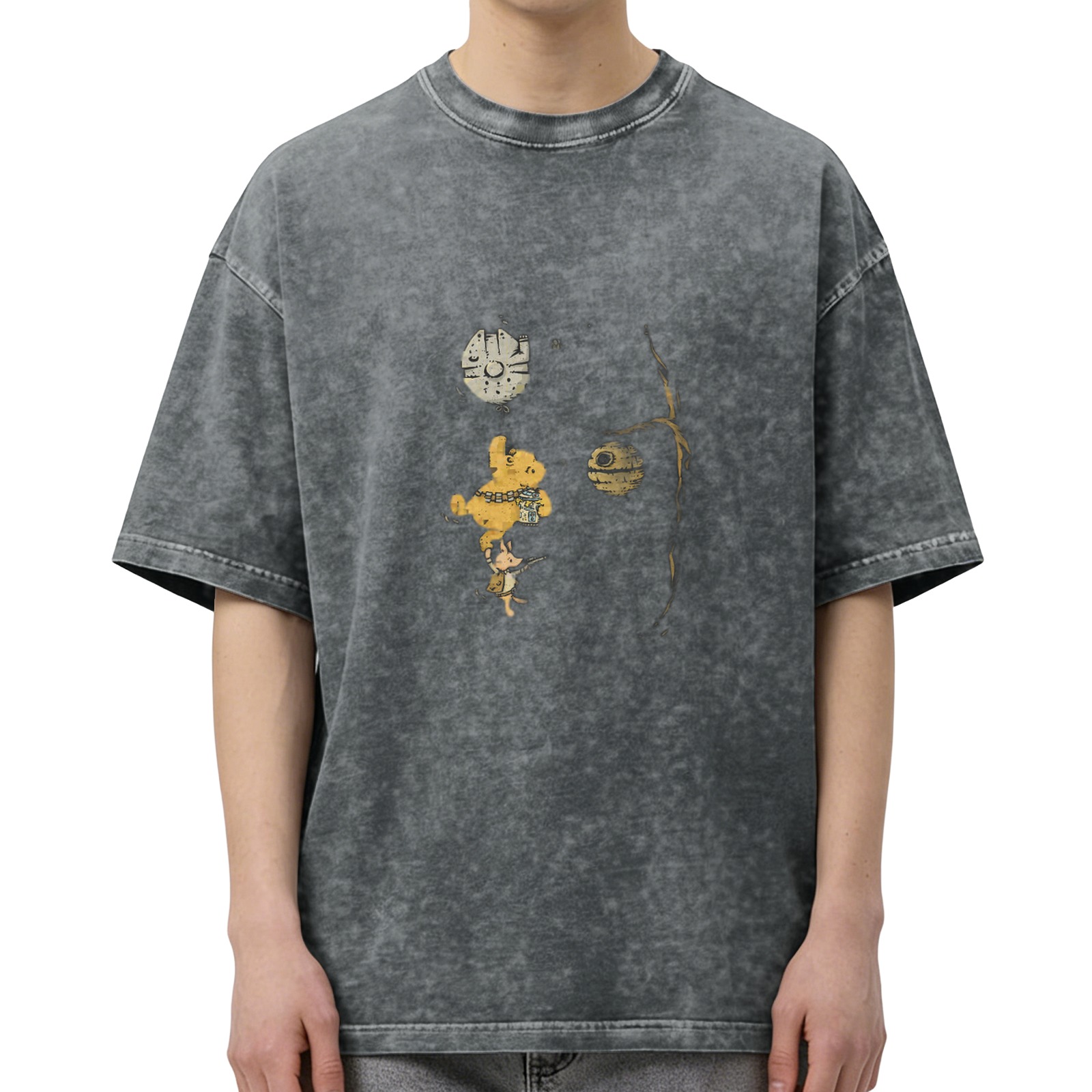 Winnie The Pooh x Star Wars Crossover Vintage Wash T-Shirt - Dark Gray Acid Wash Graphic Tee
