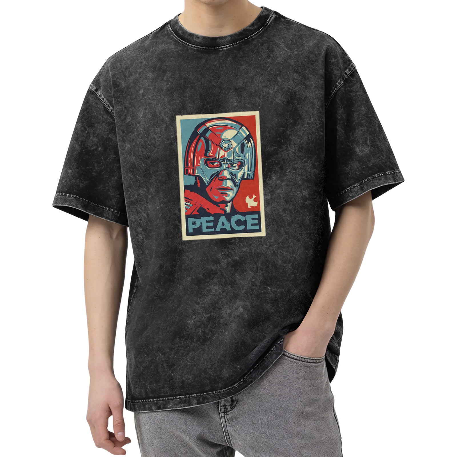 Distressed washed black short-sleeved T-shirt Peacemaker themed print Loose casual top