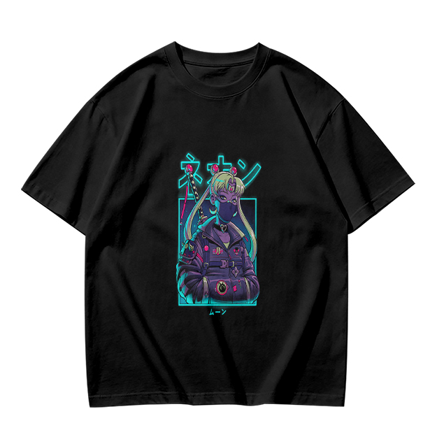 Olive T-shirt with cyberpunk anime character graphic