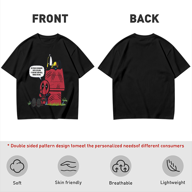 Olive t-shirt with Deadpool and Snoopy mashup graphic