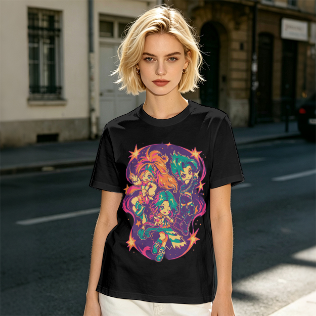 Olive T-Shirt With Vibrant Anime Chibi Characters Graphic Print