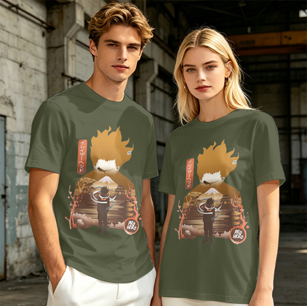 Anime Hero Graphic Olive Green Short Sleeve T-Shirt