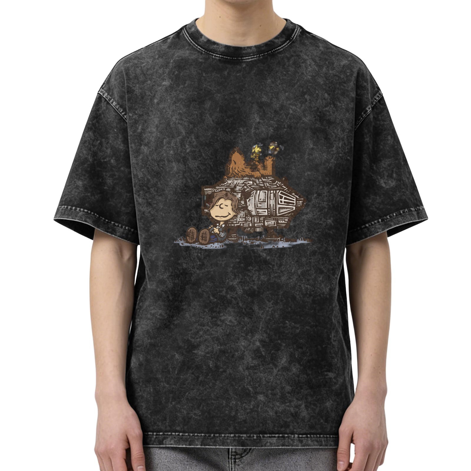 Distressed washed black short-sleeved T-shirt, co-branded Peanuts comic Star Wars themed print, casual loose round neck top