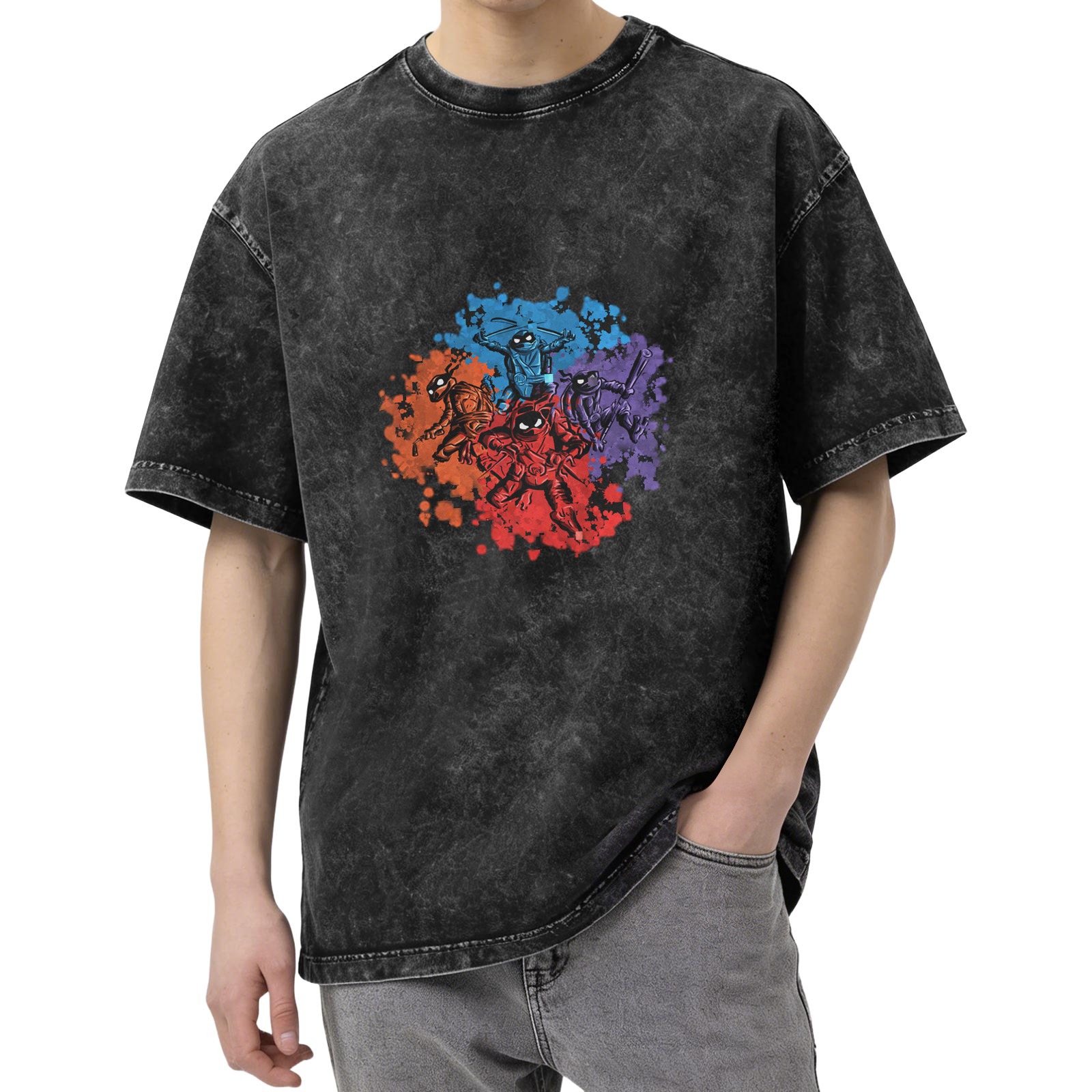 Washed Black T-Shirt With Ninja Turtle Splatter Graphic