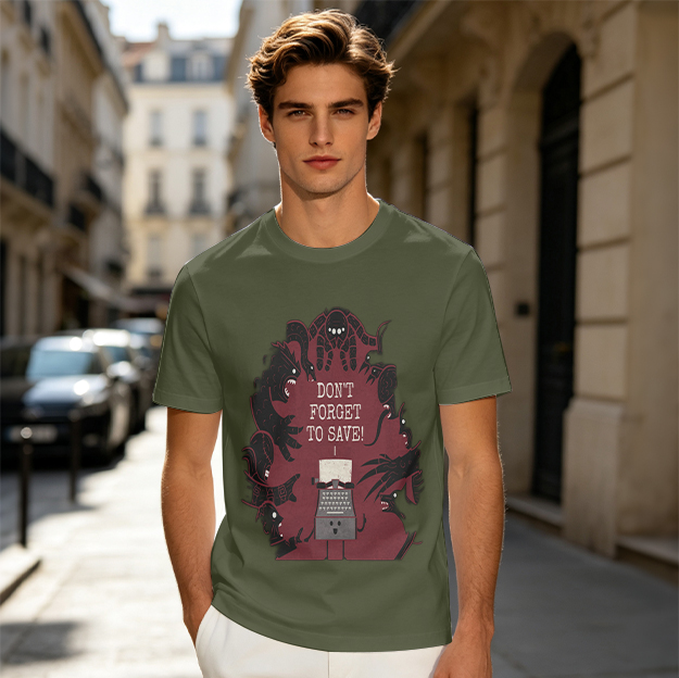 Olive Graphic Tee With Don't Forget To Save! Horror Typewriter Art