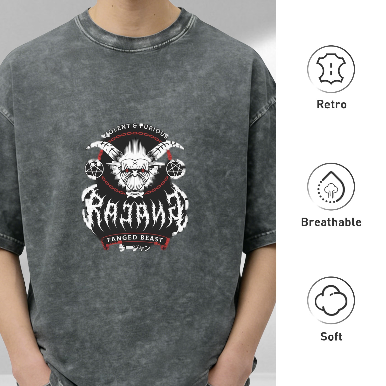 Raging Rajang Fanged Beast Graphic Stone Wash T-Shirt