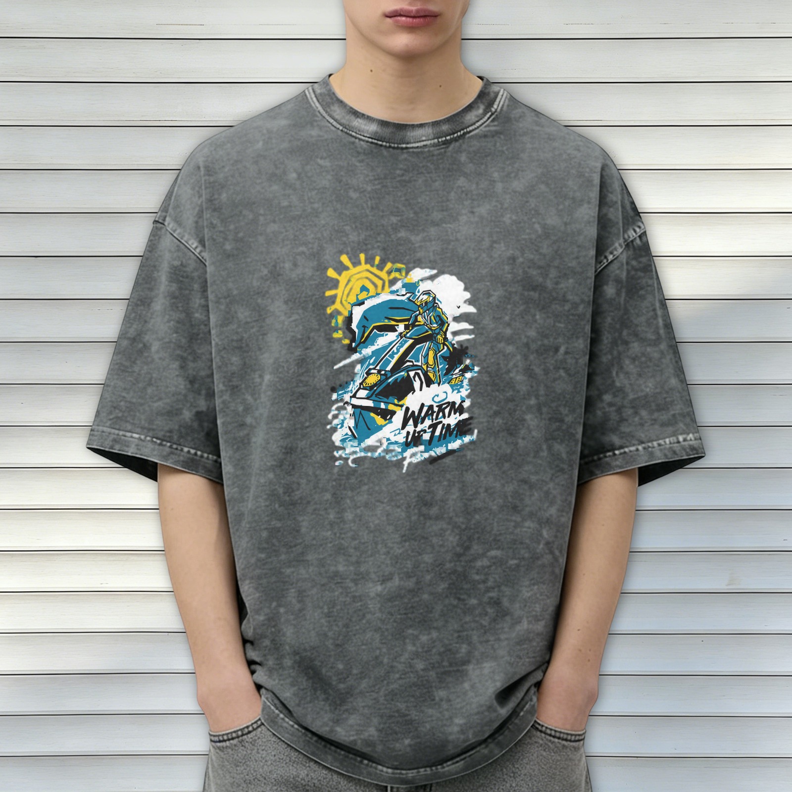 Oversized Acid Wash Graphic T-Shirt With Rider And Sun Print