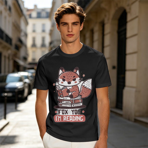 Olive T-Shirt with Cute Fox Reading Book Pun Print