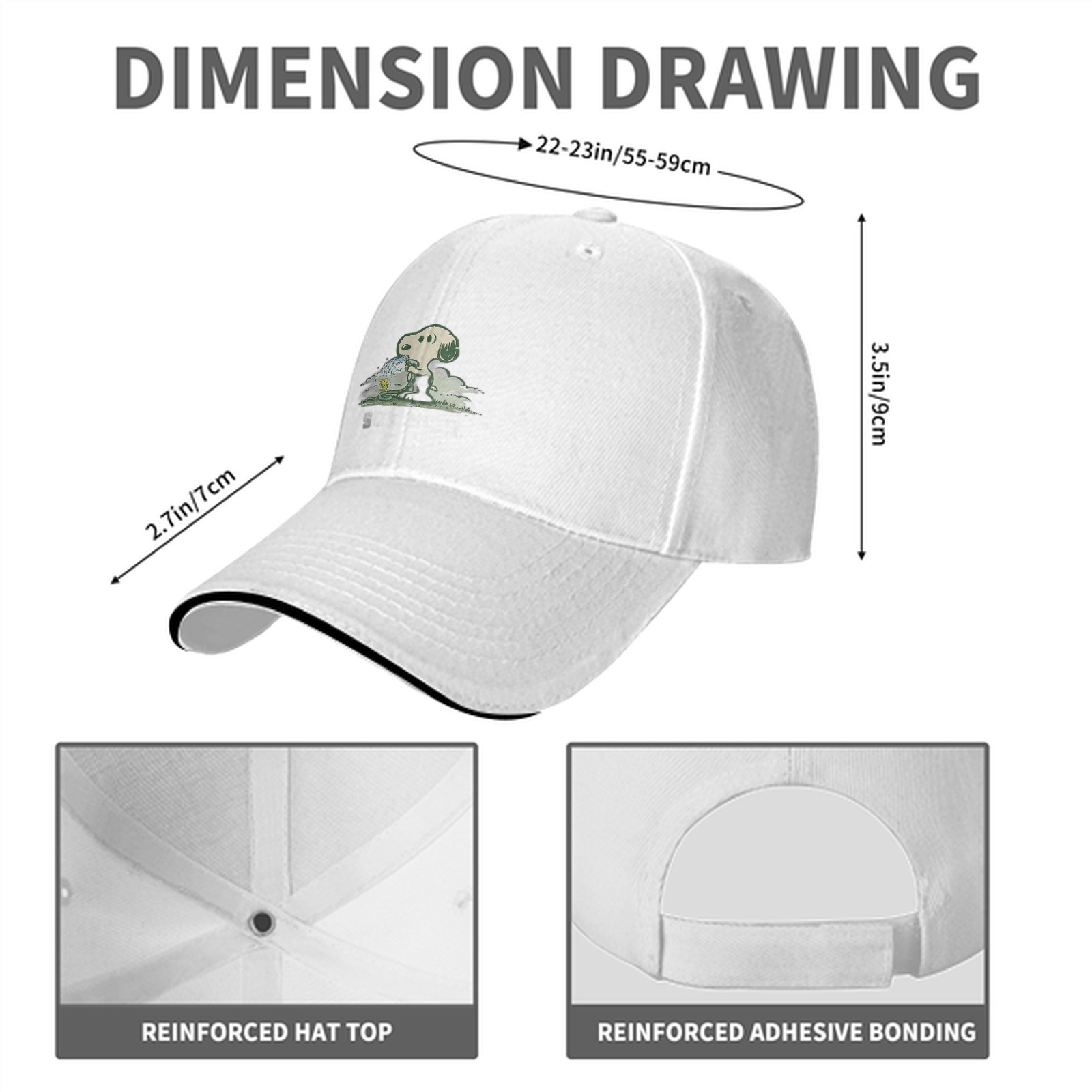 Black baseball cap with Snoopy watering design