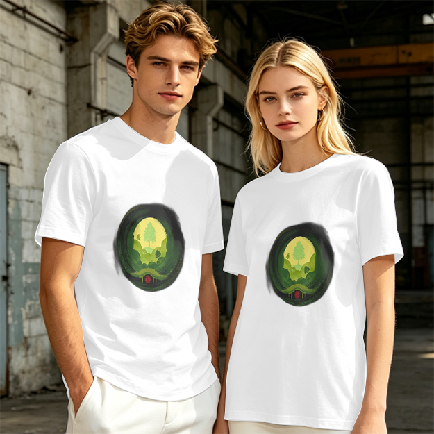 Olive Green T-Shirt with Hobbit Hole Landscape Art Print