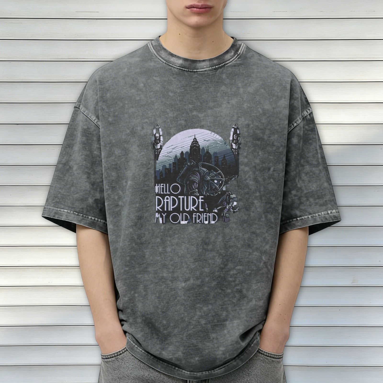 Oversized Vintage Wash T-Shirt with BioShock 'Hello Rapture My Old Friend' Graphic Print