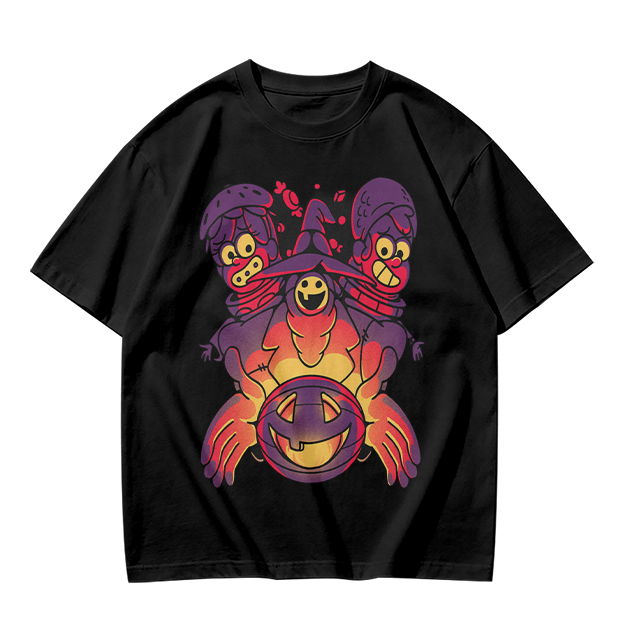 Olive T-Shirt With Halloween Three-Headed Witch And Jack-O'-Lantern Print