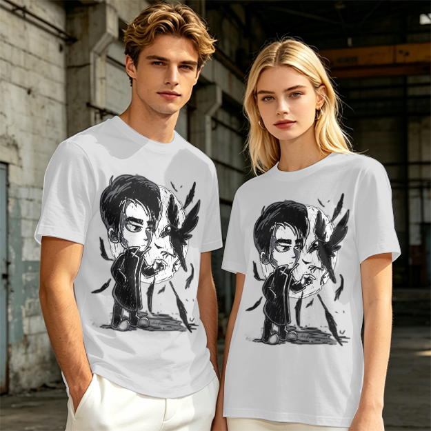 Olive T-Shirt with Chibi Dark Character and Crow Print