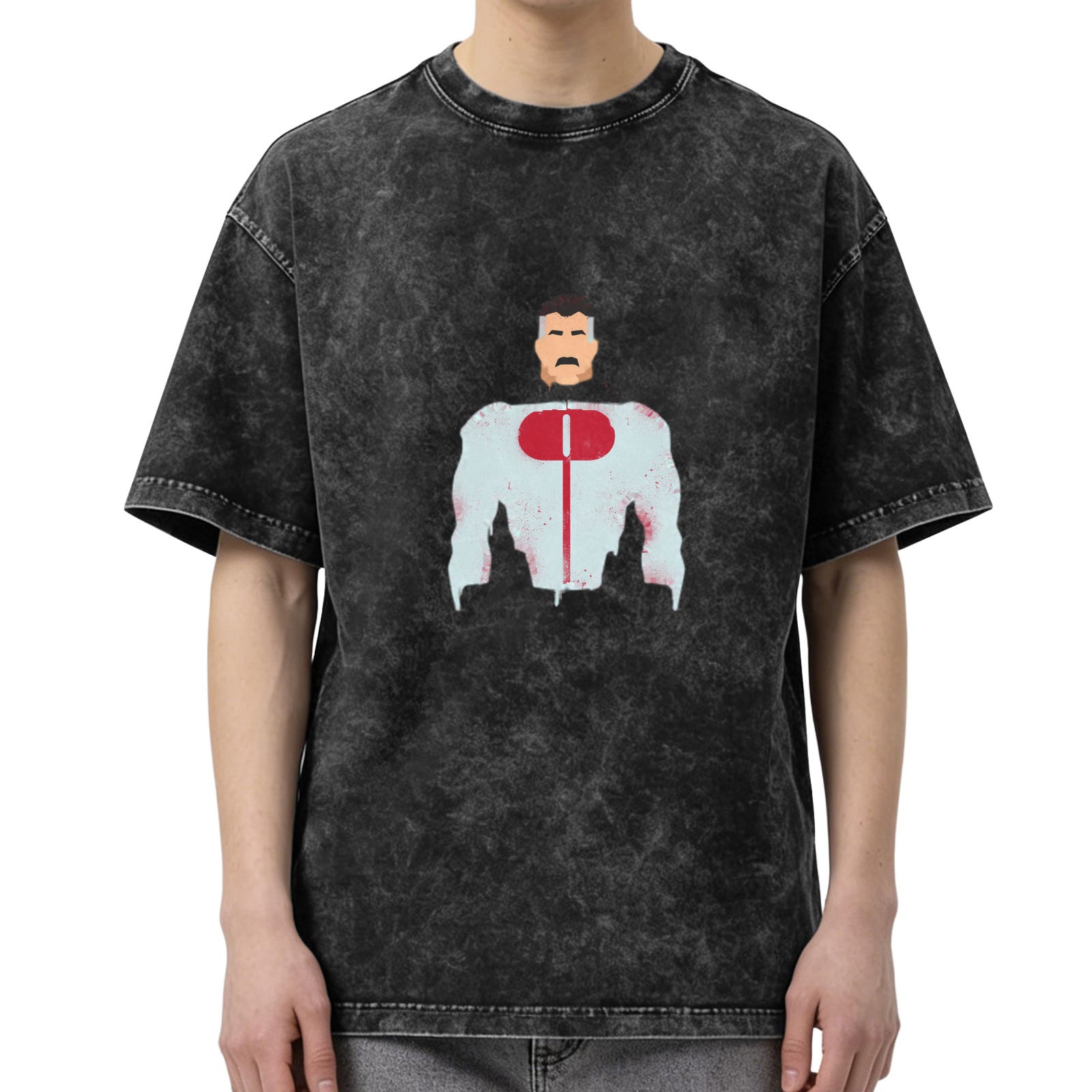 Retro washed black loose short-sleeved T-shirt printed with the minimalist pattern of the character Omni-Man