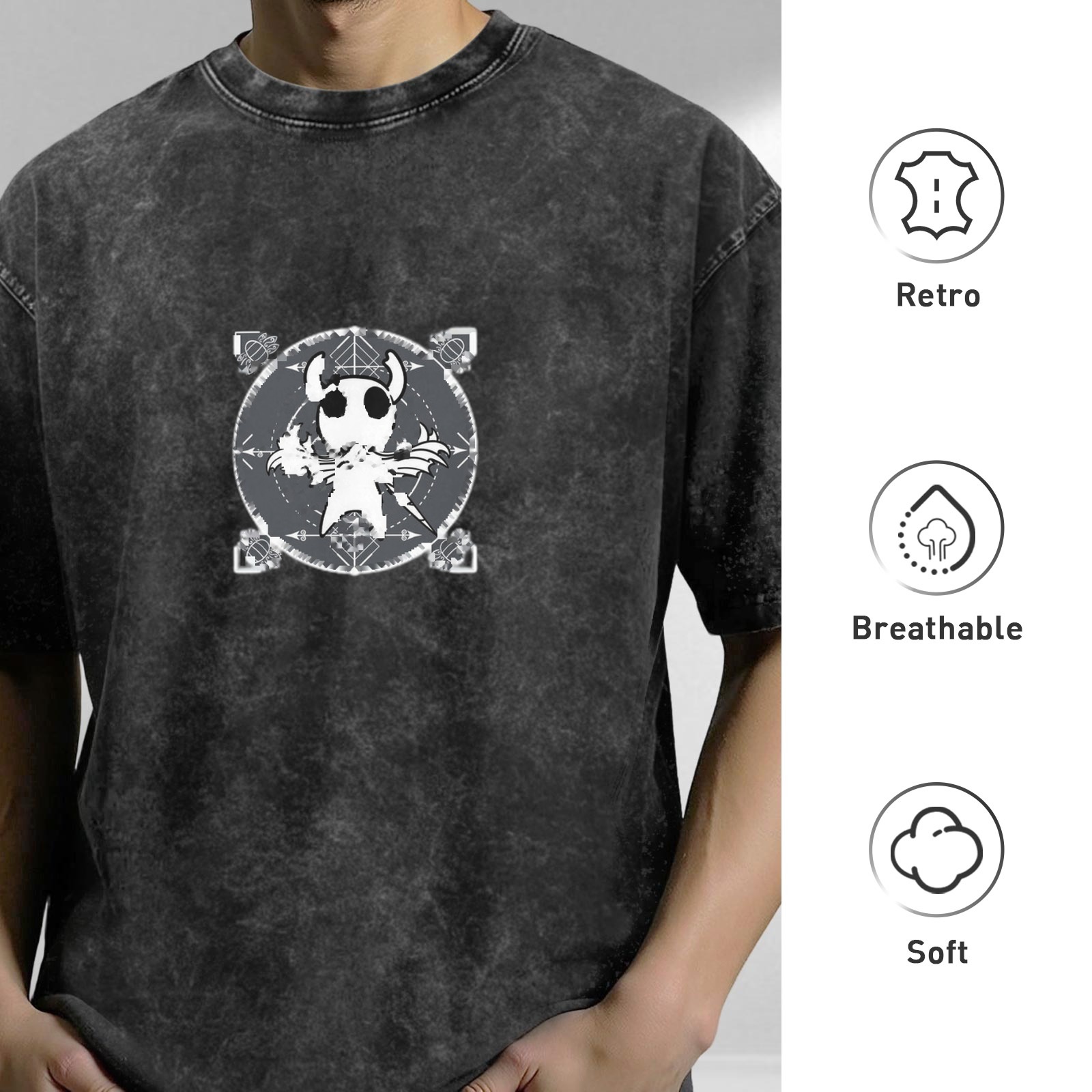 Hollow Knight themed distressed washed black loose short-sleeved T-shirt