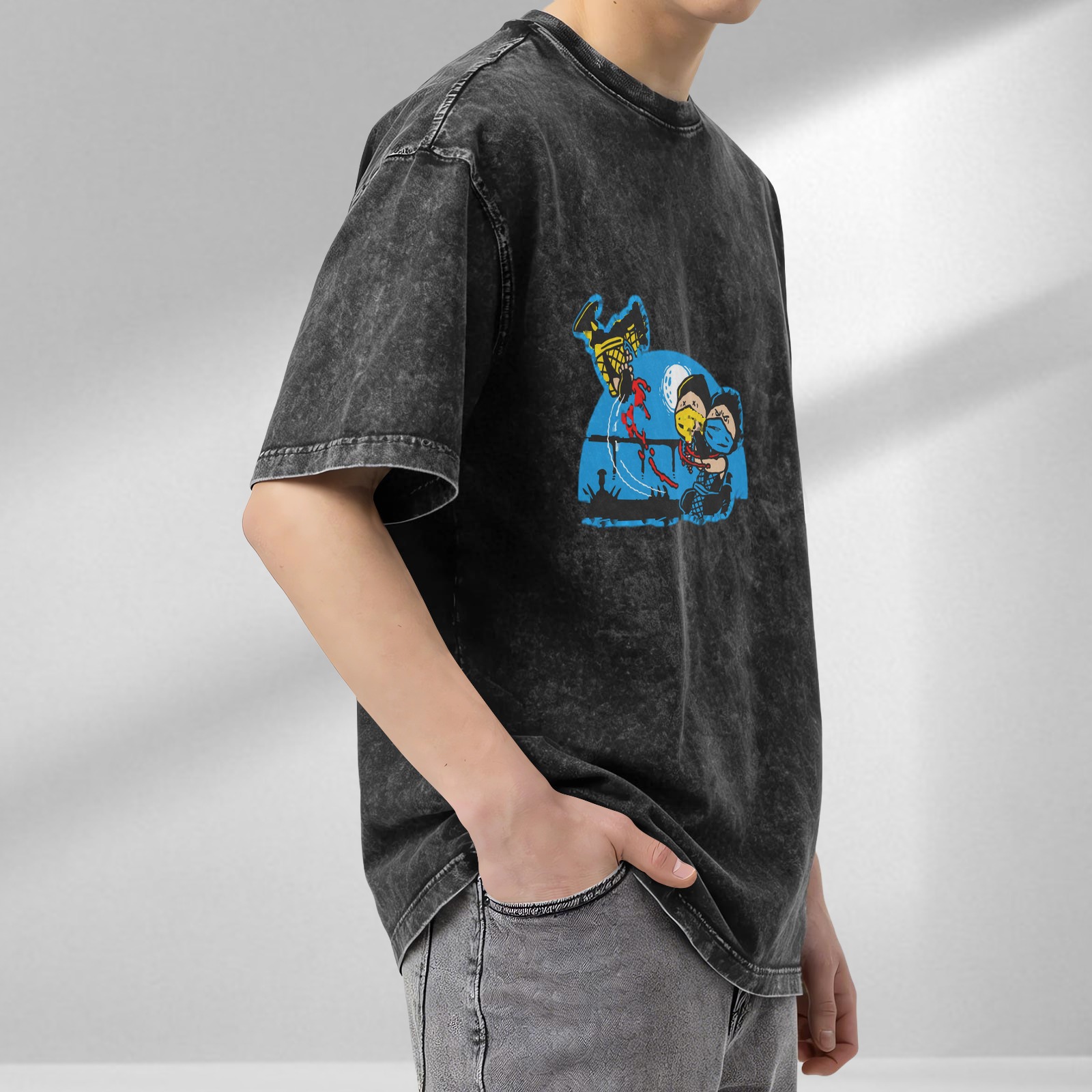 Washed Black Graphic T-Shirt With Cartoon Fight Scene Print