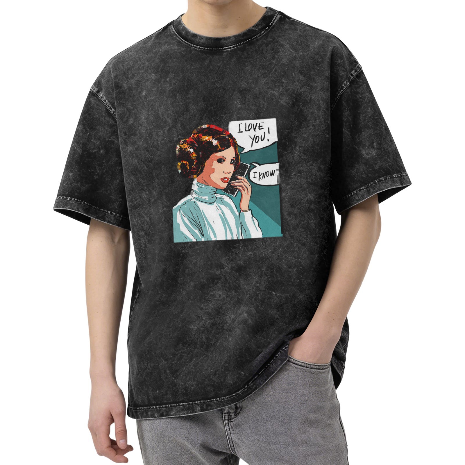 Washed Black T-Shirt with Princess Leia I Love You I Know Artwork