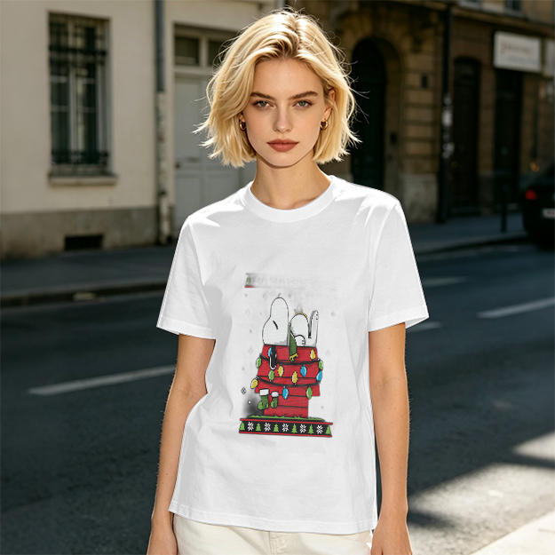 Olive T-Shirt with Snoopy Christmas Doghouse Design