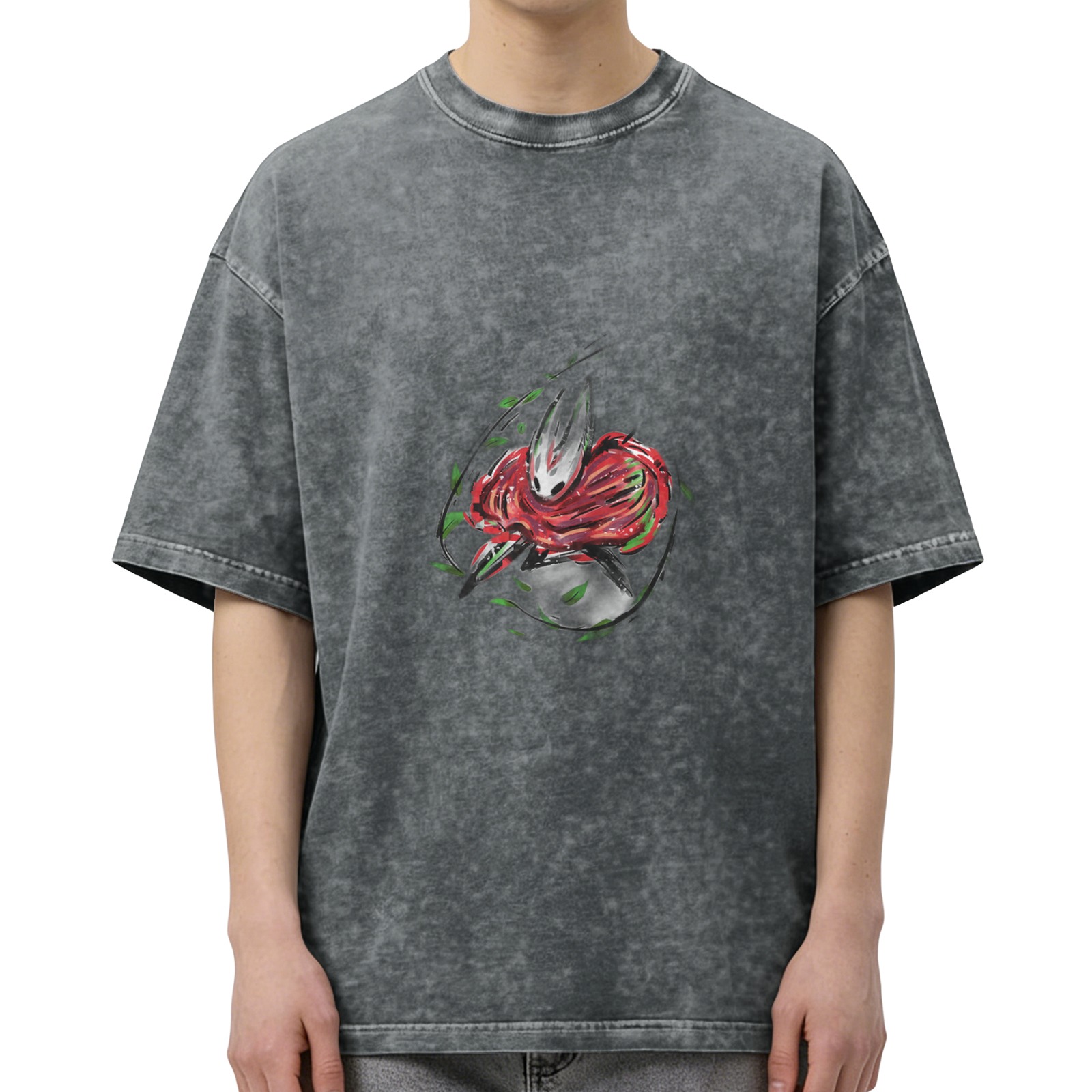 Washed black graphic t-shirt with stylized insect warrior art