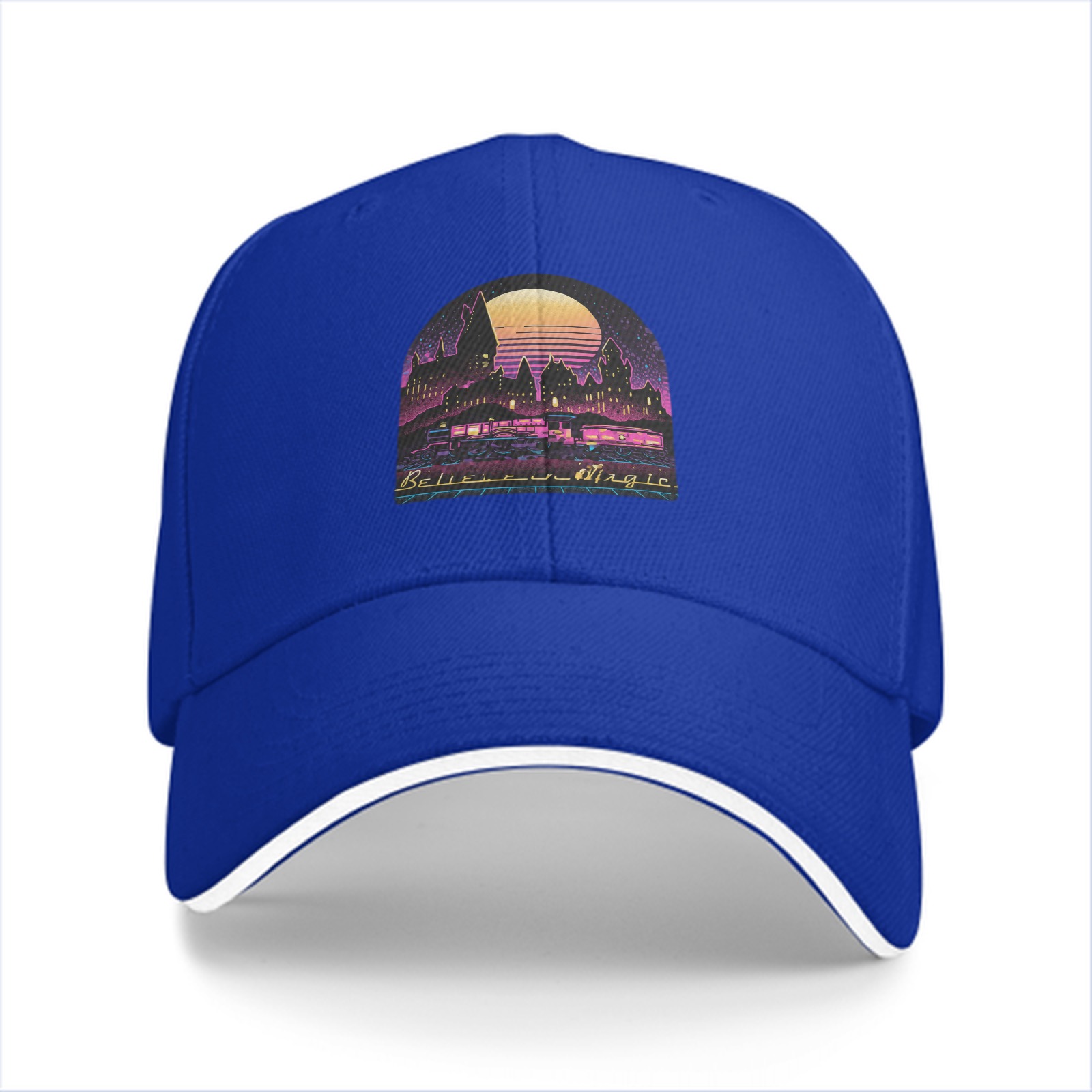 Black Baseball Cap With Neon Magic Castle Sunset Graphic