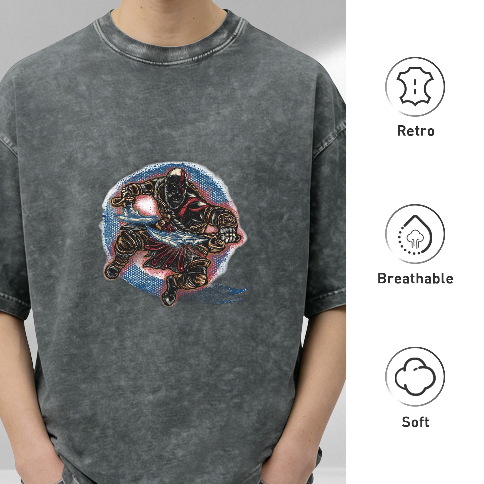 Washed Black Oversized T-Shirt With Warrior Graphic Print