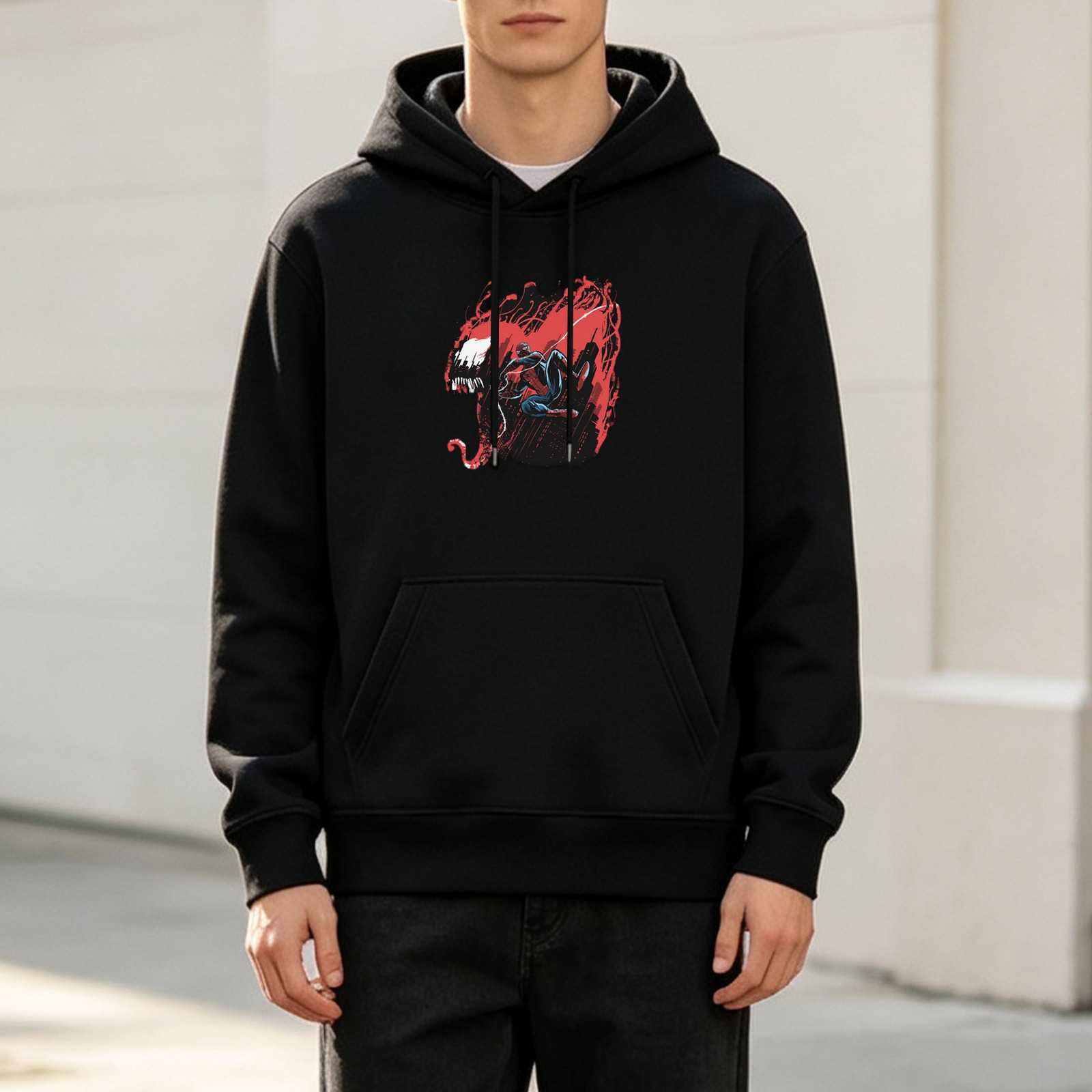 Black hoodie with Spider-Man and Venom symbiote graphic print