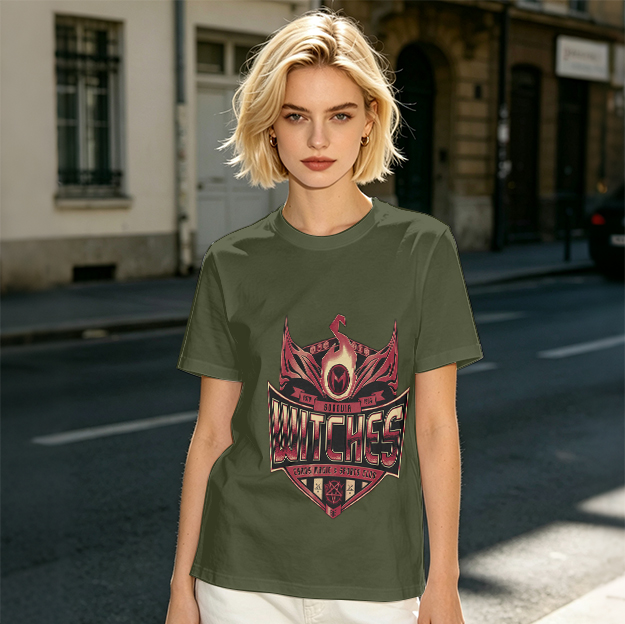 Olive Green T-Shirt With Witches Themed Graphic Print