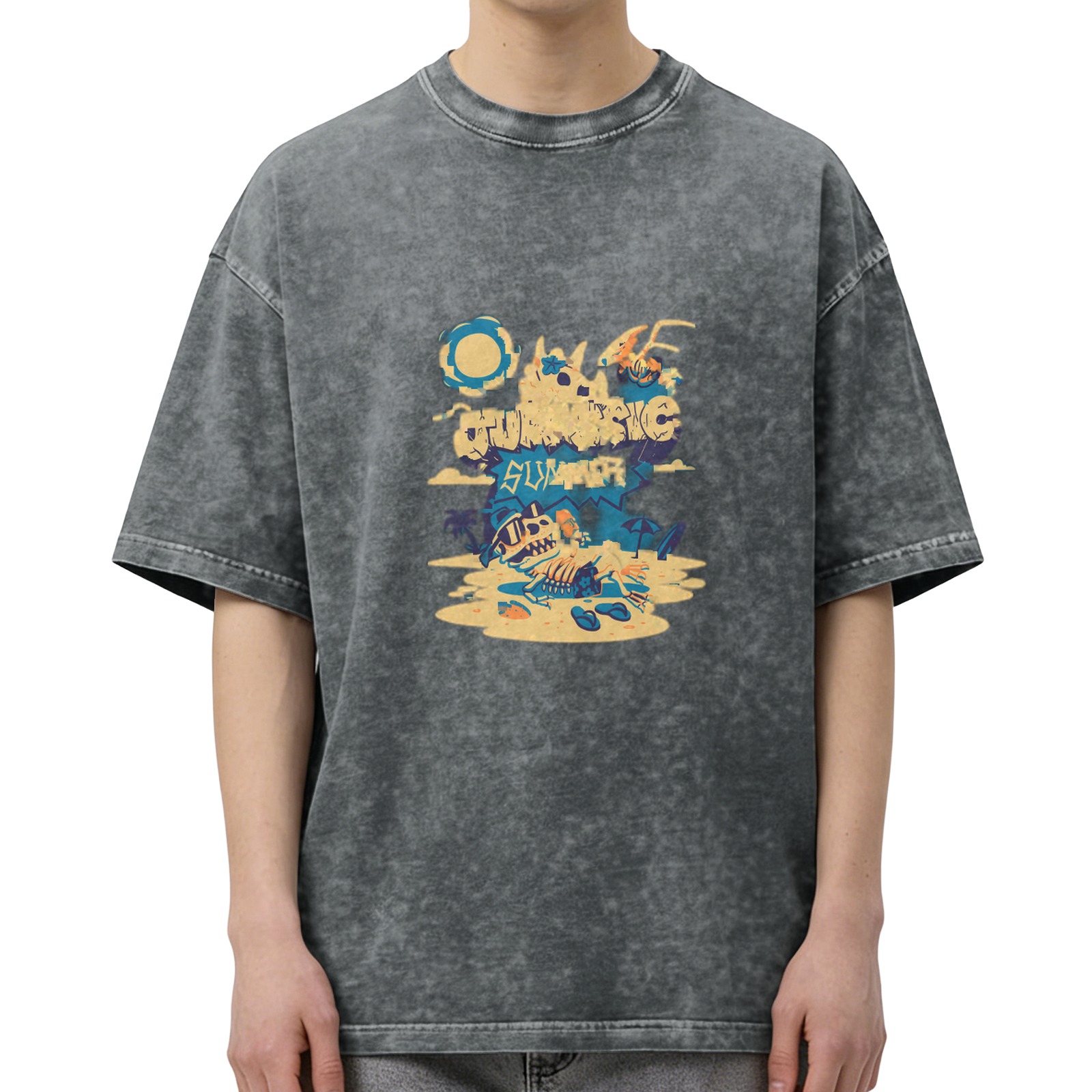 Washed black graphic t-shirt with Jurassic Summer beach dinosaur print