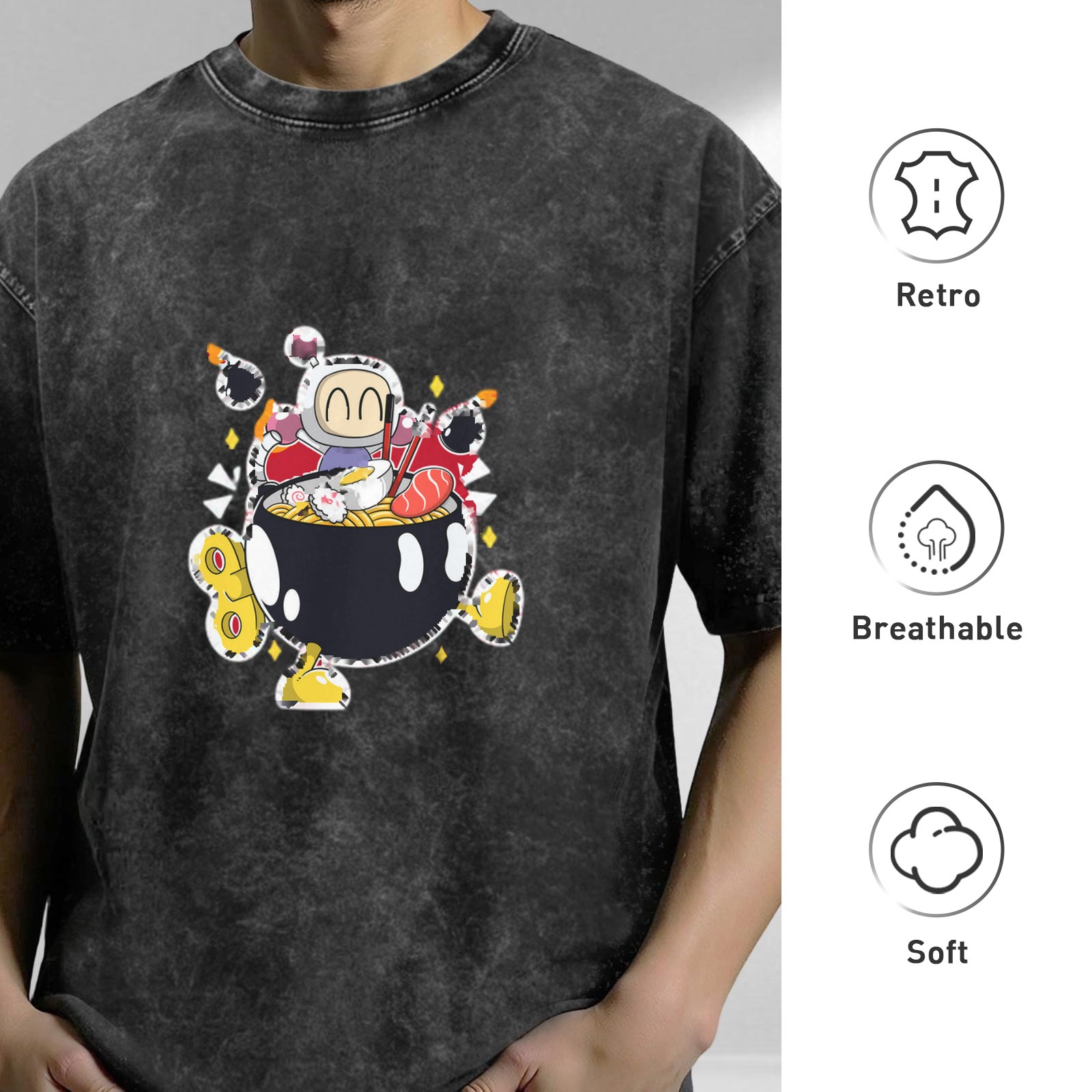 Washed black graphic t-shirt with cartoon bomber ramen bowl design