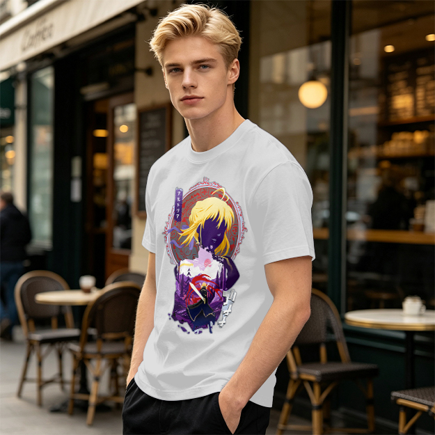 Olive green anime graphic t-shirt with Saber character print