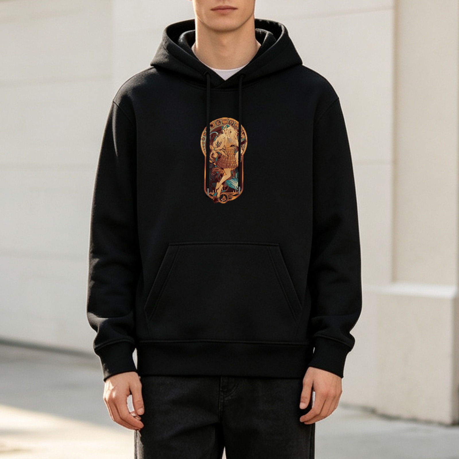 Black Hoodie with Art Nouveau Style Woman Graphic Print