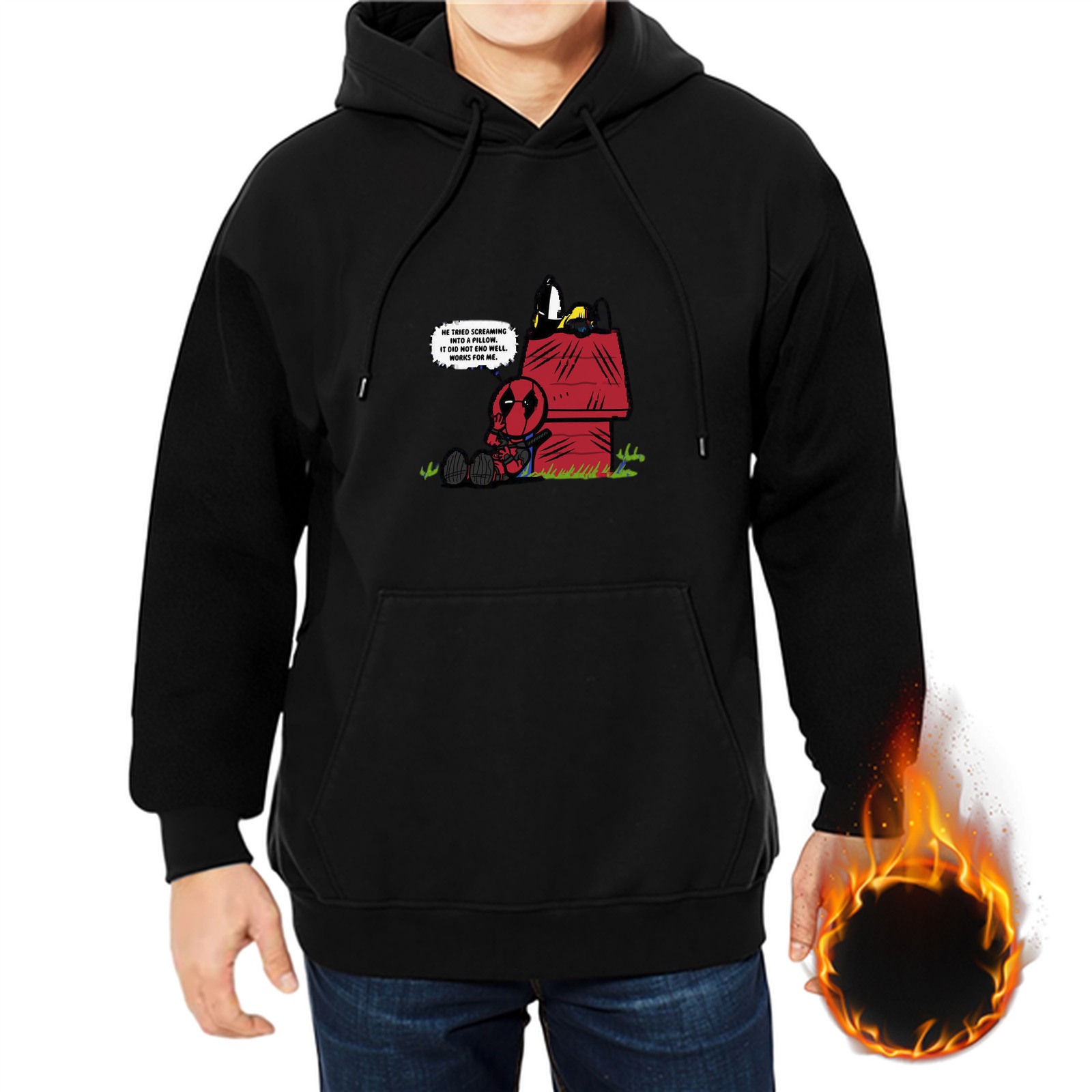 Black hoodie with Deadpool Snoopy mashup graphic design
